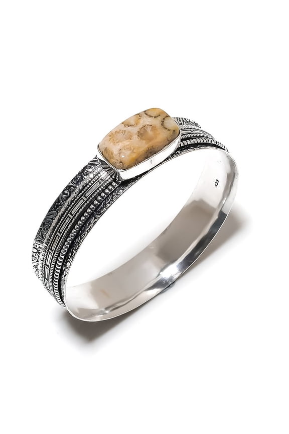Natural Fossil Coral Gemstone Handmade 925 Sterling Silver Cuff Bangle 7.5"