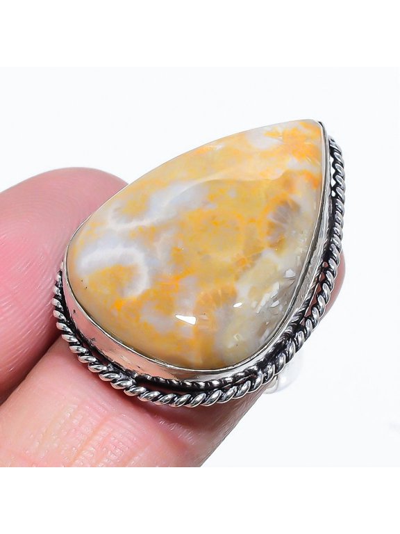Natural Fossil"Coral Gemstone Handmade 925 Sterling Silver Ring Size 10