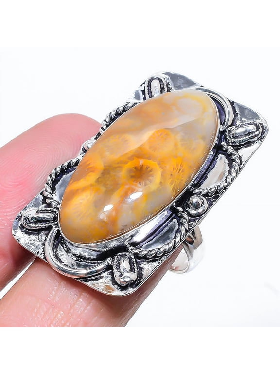 Natural Fossil"Coral Gemstone Handmade 925 Sterling Silver Ring Size 10