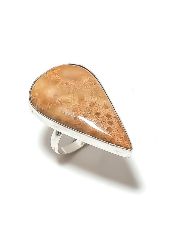 Natural Fossil Coral Gemstone Handmade 925 Sterling Silver Ring Size 6