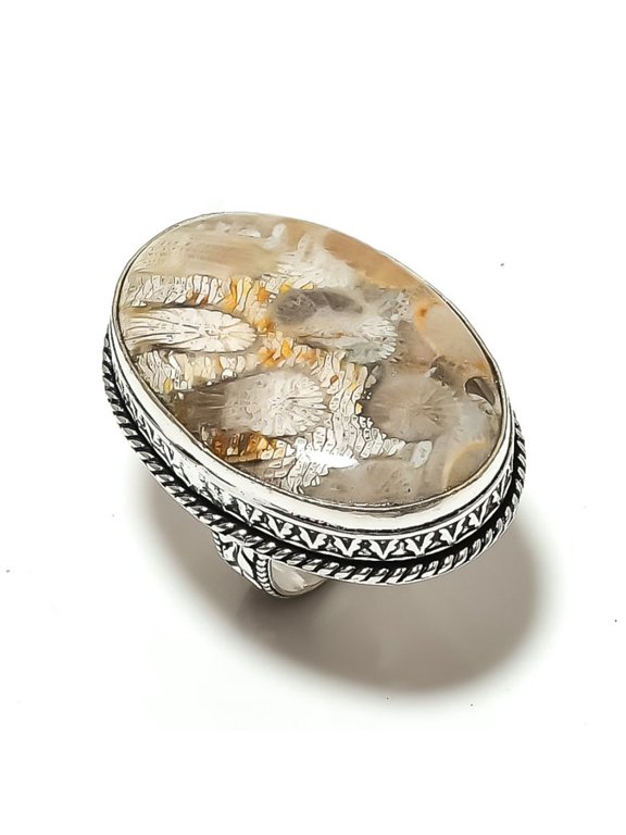 Natural Fossil Coral Gemstone Handmade 925 Sterling Silver Ring Size 6