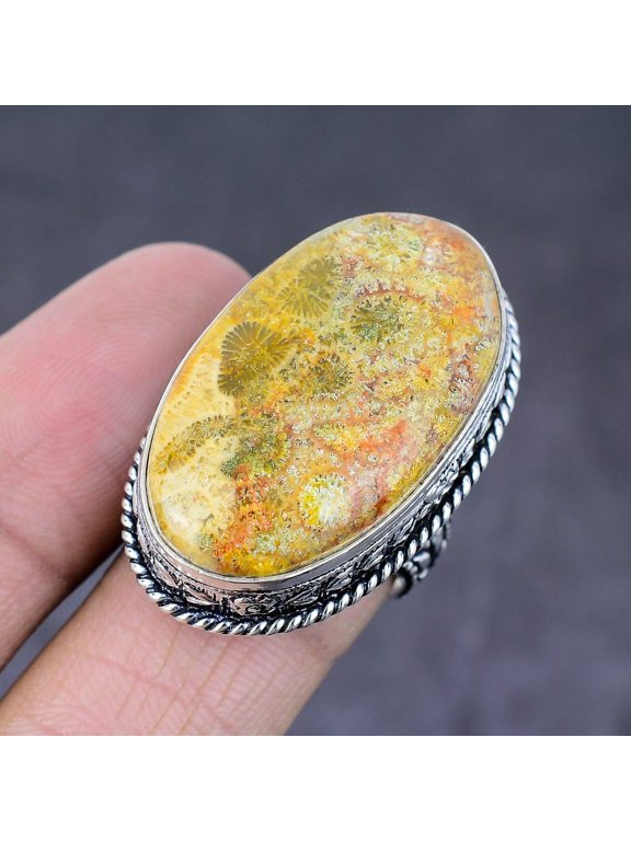 Natural Fossil Coral Gemstone Handmade 925 Sterling Silver Ring Size 7.5