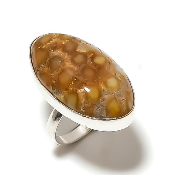 Natural Fossil Coral Gemstone Handmade 925 Sterling Silver Ring Size 7.5
