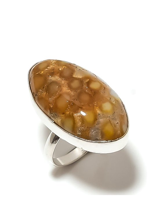 Natural Fossil Coral Gemstone Handmade 925 Sterling Silver Ring Size 7.5
