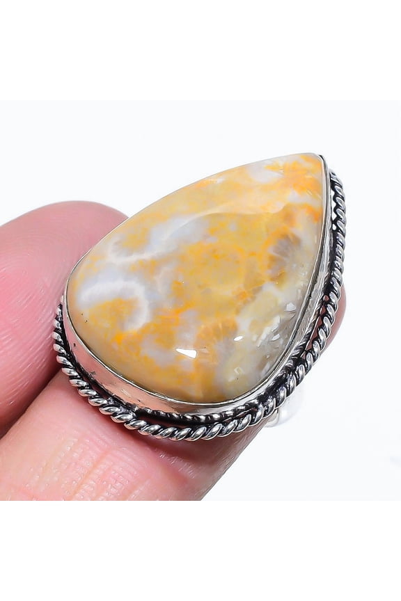 Natural Fossil"Coral Gemstone Handmade 925 Sterling Silver Ring Size 7
