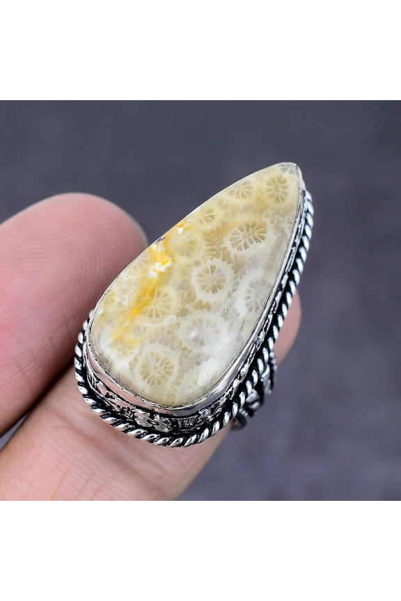 Natural Fossil Coral Gemstone Handmade 925 Sterling Silver Ring Size 7