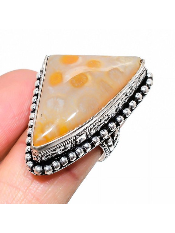 Natural Fossil Coral Gemstone Handmade 925 Sterling Silver Ring Size 7