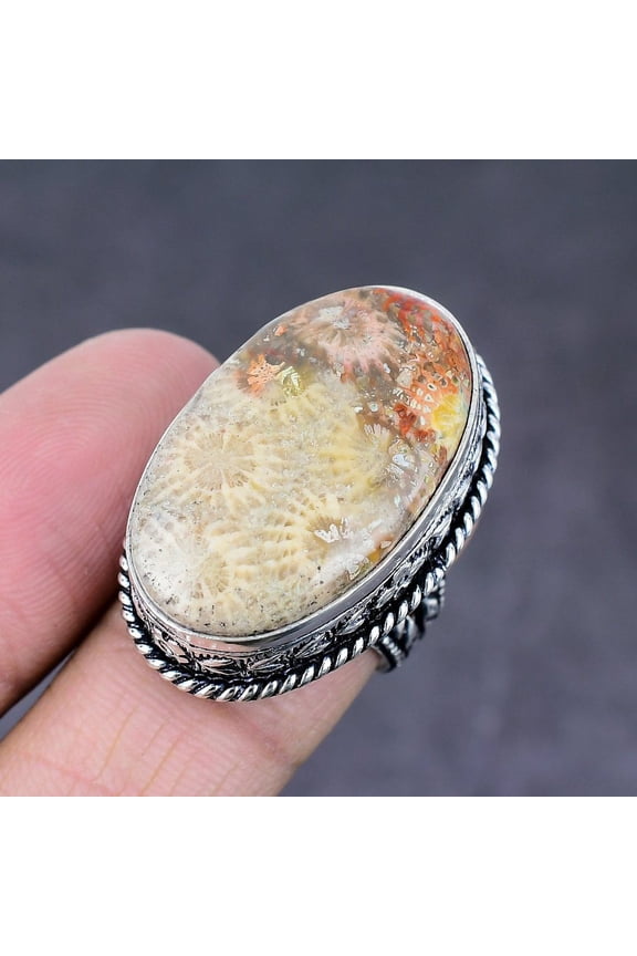 Natural Fossil Coral Gemstone Handmade 925 Sterling Silver Ring Size 7
