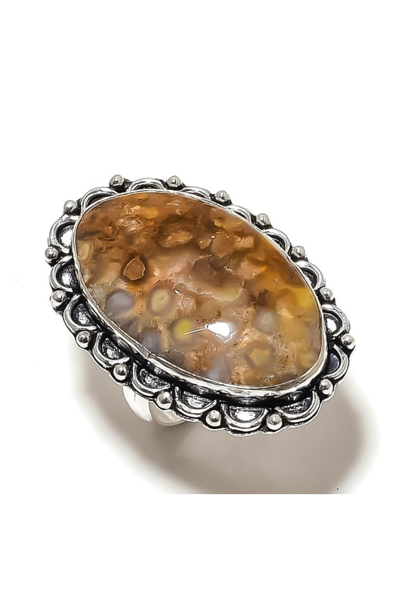 Natural Fossil Coral Gemstone Handmade 925 Sterling Silver Ring Size 7