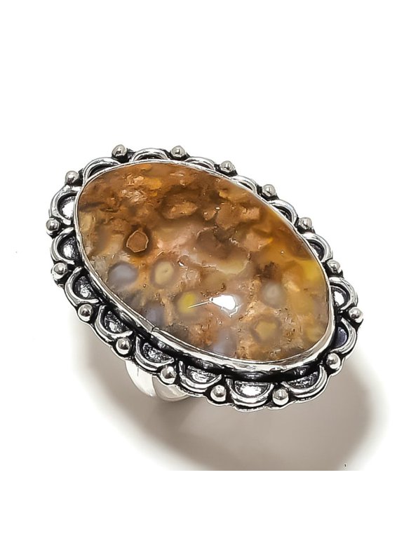 Natural Fossil Coral Gemstone Handmade 925 Sterling Silver Ring Size 7