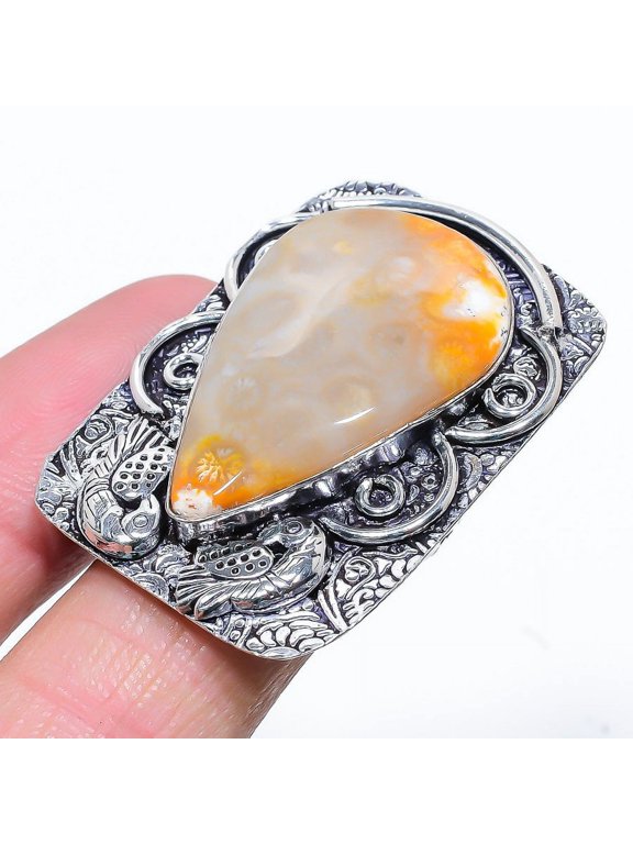 Natural Fossil"Coral Gemstone Handmade 925 Sterling Silver Ring Size 8