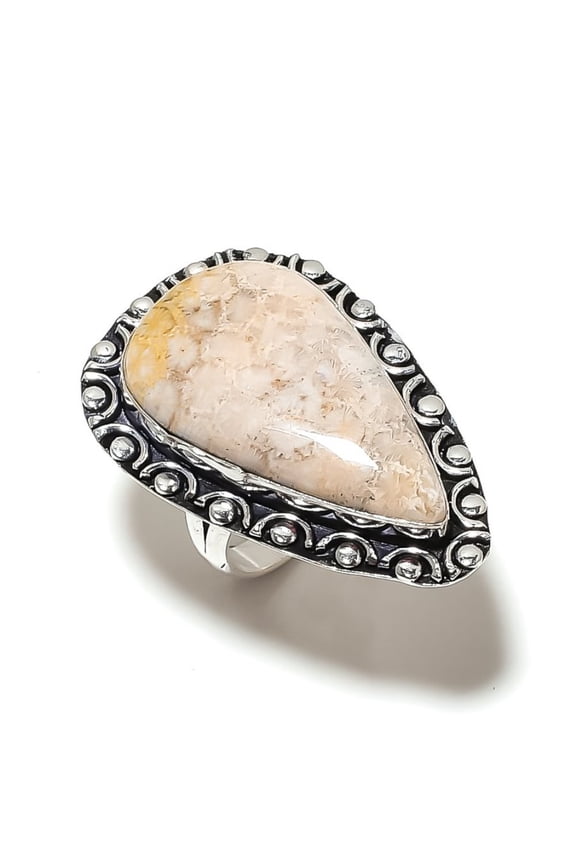 Natural Fossil Coral Gemstone Handmade 925 Sterling Silver Ring Size 8
