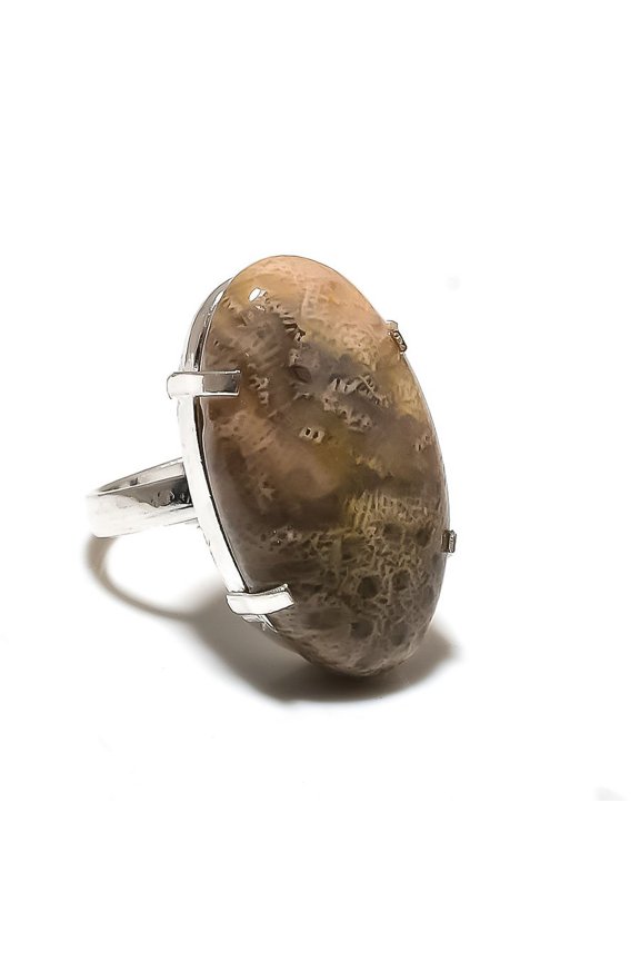 Natural Fossil"Coral Gemstone Handmade 925 Sterling Silver Ring Size 9