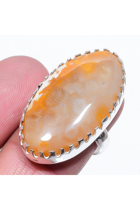 Natural Fossil"Coral Gemstone Handmade 925 Sterling Silver Ring Size 9