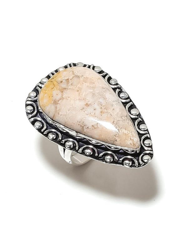 Natural Fossil Coral Gemstone Handmade 925 Sterling Silver Ring Size 9