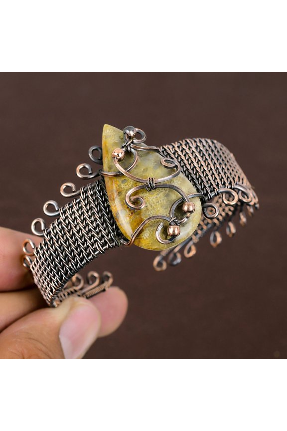 Natural Fossil Coral Gemstone Handmade Copper Wire Wrap Bangle Adjustable