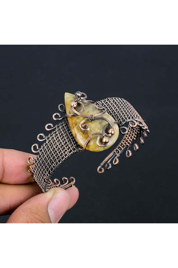 Natural Fossil Coral Gemstone Handmade Copper Wire Wrap Bangle Adjustable