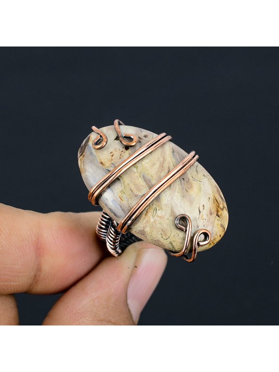 Natural Fossil Coral Gemstone Handmade Copper Wire Wrap Ring Size 7.5