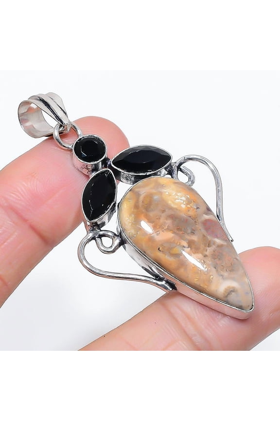 Natural Fossil Coral, Spinel 925 Sterling Silver Jewelry Pendant 2.56"