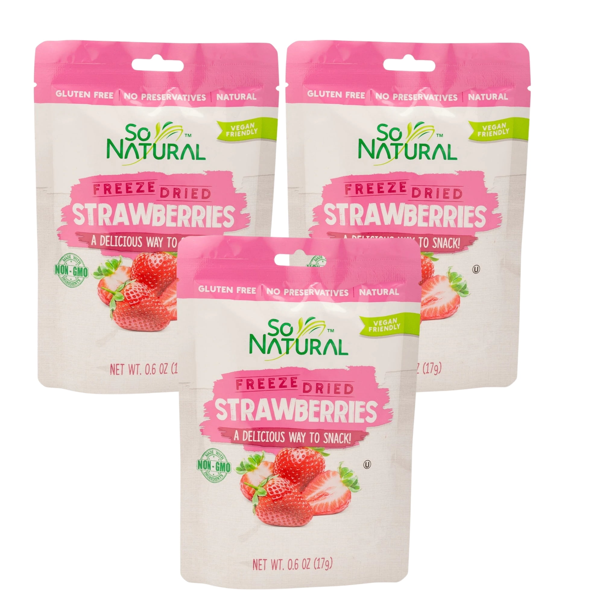 So Natural Freeze Dried Strawberry Slices, Non-GMO Gluten Free and Vegan-Friendly Fruit Snacks with Light Crunchy On The Go Snacking Kids Adults Lunchbox Lunch Travel Pantry Stock 0.6oz Pack of 3