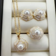 Natural Freshwater Pearl Set Women's 18K Gold Filled Small Fragrance Temperament Drop Glazed Camellia Stud Earrings Pendant Ring