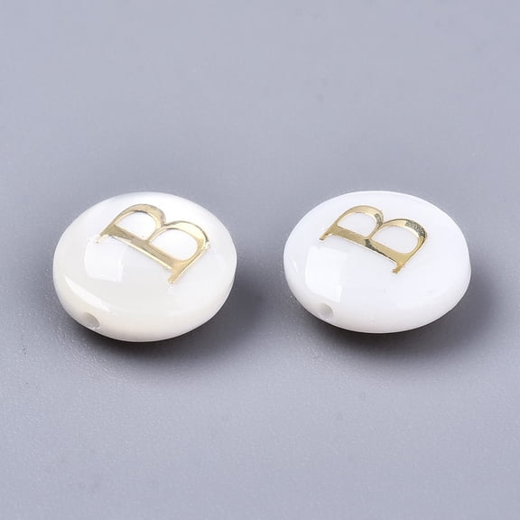 Natural Freshwater Shell Beads with Golden Plated Brass Etched Metal Embellishments Flat Round Seashell Color Letter.B 8x3-5mm