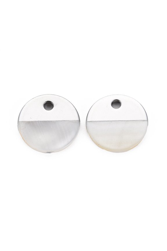 Natural Freshwater Shell Charms with UV Plated Falt Round Platinum 15x1.5mm Hole: 2mm