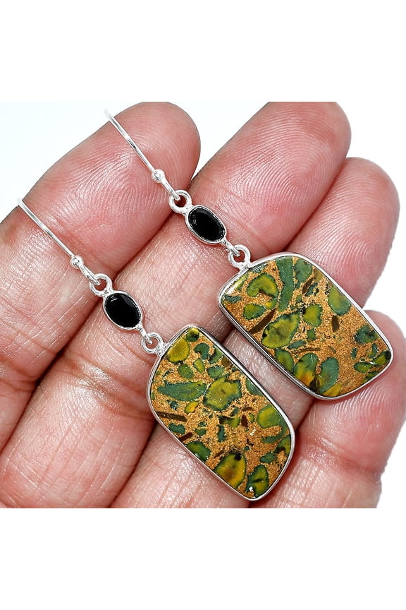 Natural Fruit Jasper & Black Onyx 925 Sterling Silver Earrings Jewelry E-1002 SDE85481