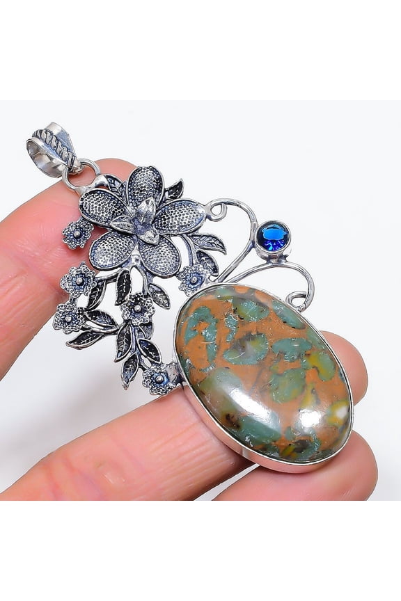 Natural Fruit Jasper, Blue Topaz 925 Sterling Silver Jewelry Pendant 3.35"