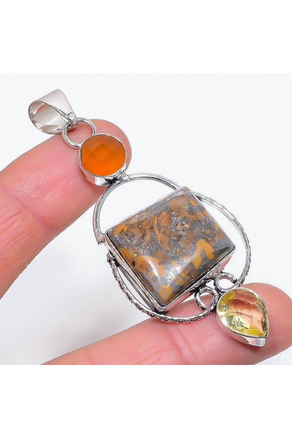 Natural Fruit Jasper, Carnelian 925 Sterling Silver Jewelry Pendant 2.96"