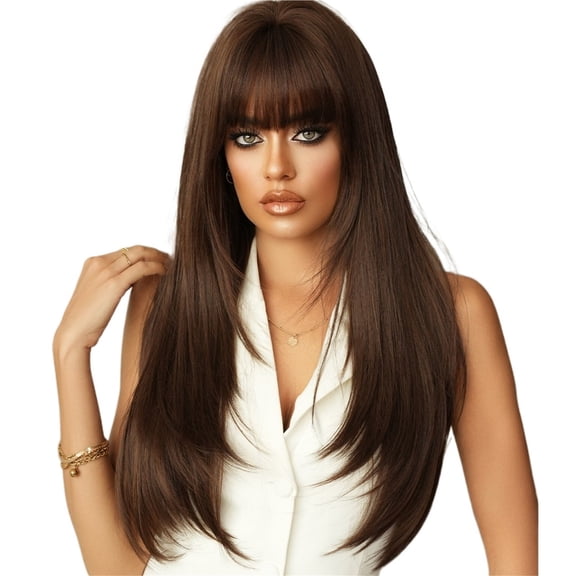 Natural Full Head Cover Wig - Long Straight Brown High Layered Fluffy Top for Women