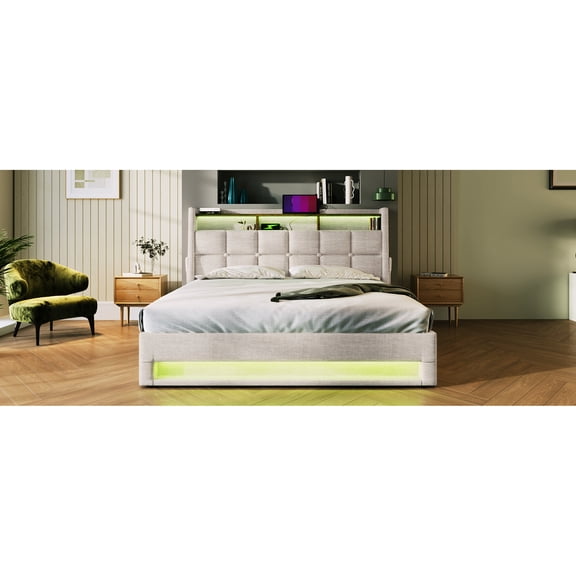 Natural Full Platform Bed With Storage, Led Lights & Port - Modern Design Upholstered Hydraulic Storage Simplicity