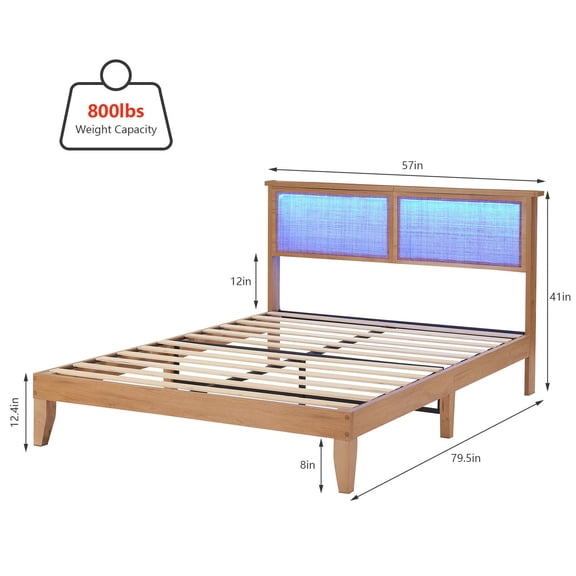 Natural Full Size Platform Bed Frame, Modern Rattan Headboard Bed with LED Lights, Farmhouse Noise-Free Mattress Foundation with Wood Slats, No Box Spring Needed