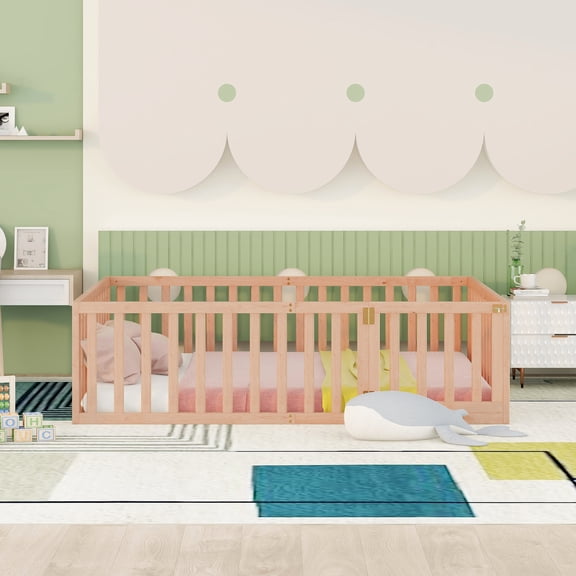 Natural Full Size Solid Pine Wood Daybed Frame with Safety Fence & Access Door, Open-Row Multifunctional Design for Bedroom & Play Space