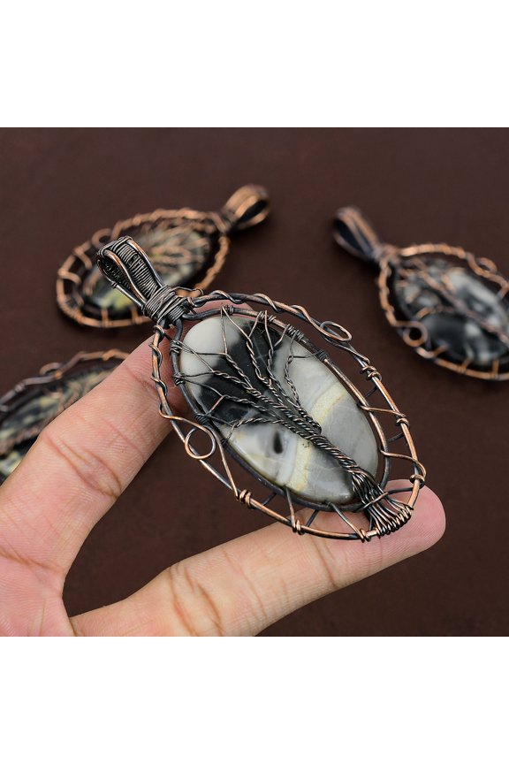 Natural Fume Agate Handmade Copper Wire Wrap Tree Of Life Pendant 3.54"