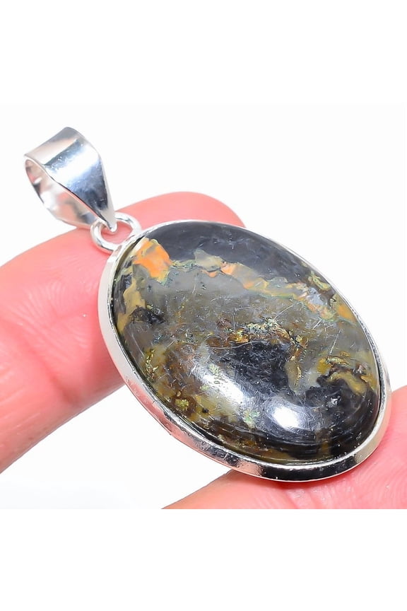 Natural Gabbro Stone Gemstone Handmade 925 Sterling Silver Pendant 2.05"