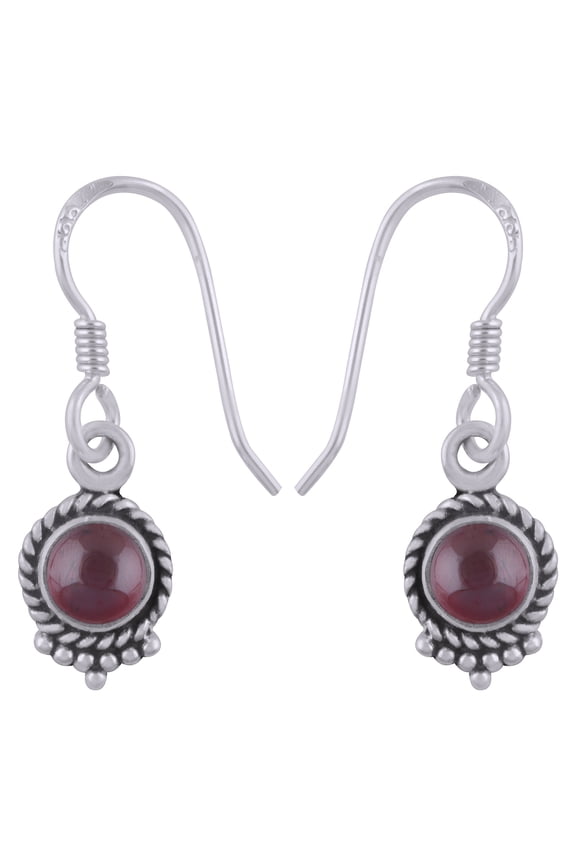 Natural Garnet 5mm Cabochon Round Shape Gemstone Surrounded by Twisted Wire & Rawa Work Handmade 925 Sterling Solid Silver Dangle Earrings