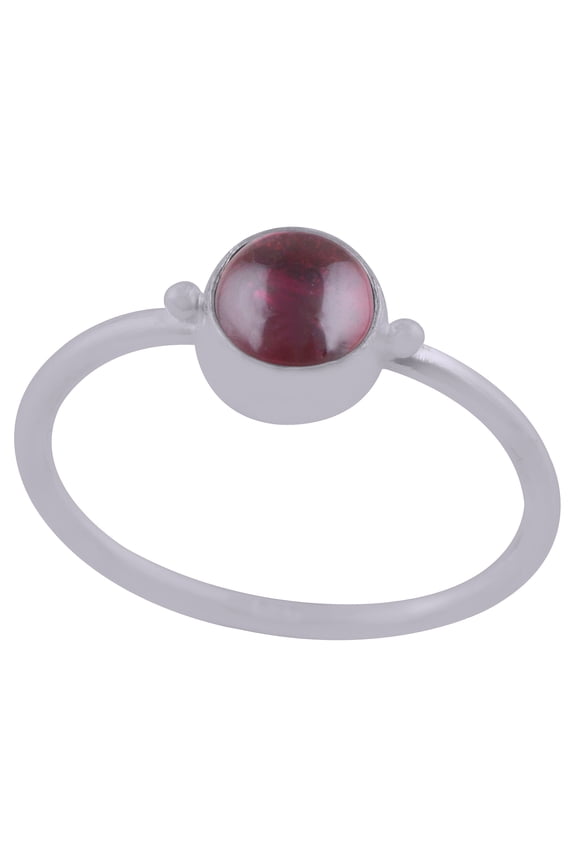 Natural Garnet 6mm Cabochon Round Shape Gemstone with Minimal Rawa Work Around in Beautiful Bezel Setting Handmade 925 Sterling Solid Silver Ring For Women