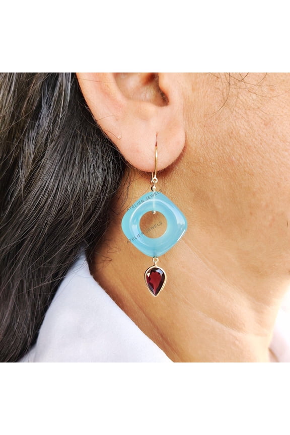 Natural Garnet & Aqua ChalcedonyEarrings, 14K Solid Yellow Gold Earrings, January and March Birthstone Earrings, Statement Gemstone Earrings