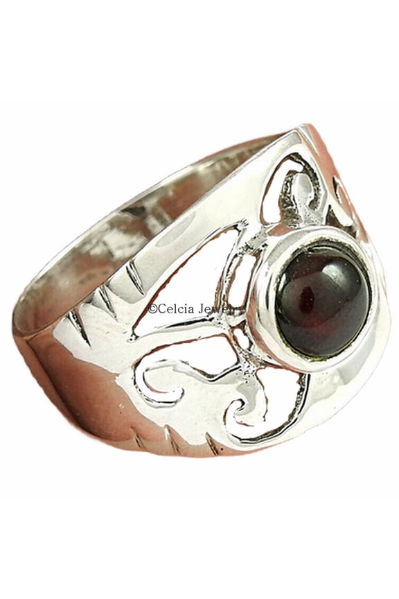Natural Garnet Band Ring, Solid 925 Sterling Silver, Semi Precious Stone, Designer Handmade Jewelry For Women, Red Stone Cabochon Cut Round Ring, Statement Ring, January Birthstone (garnet, 7)