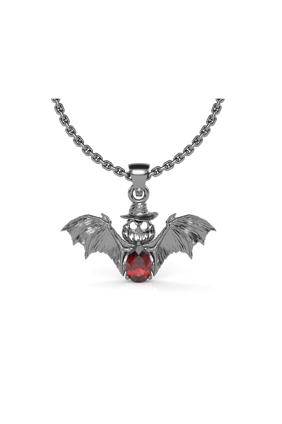 Natural Garnet Bat Wings 925 Sterling Silver Alternative Necklace,Halloween Chiroptera Pendant,Witch Hat,Devil Head Pendant|Halloween,Anniversary, January Birthstone,Birthday,Goth Inspired Jewelry