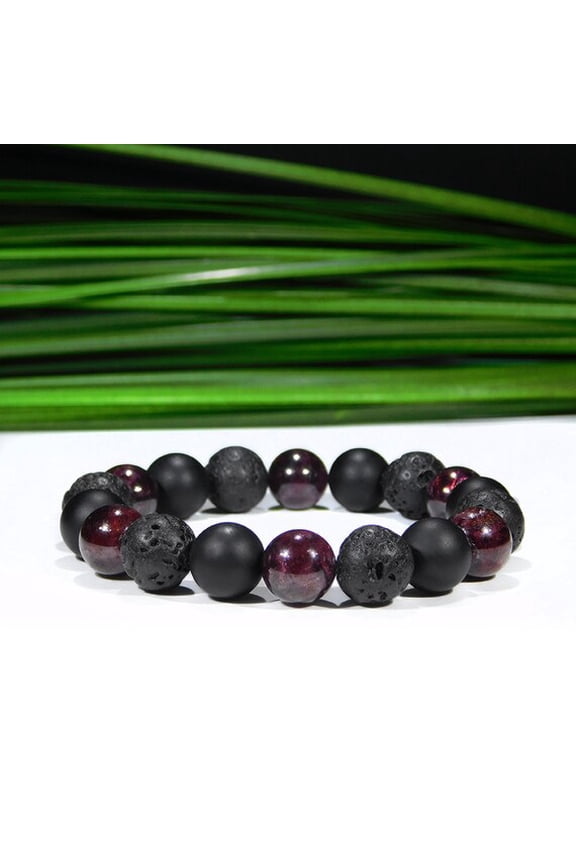 Natural Garnet, Black Onyx & Lava Rock 10mm Round Shape Smooth Cut Beads Stretchable Bracelet for Men & Women.