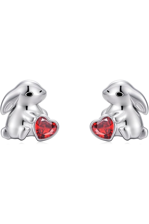 Natural Garnet Bunny Earrings for Women 925 Sterling Silver Bunny Rabbit Studs Earrings with Real Garnet Gemstone Cute Animal Jewelry Gifts for Her