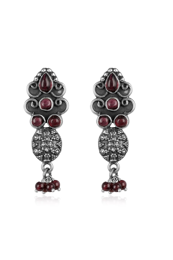 Natural Garnet Dangle Earrings in 925 Sterling Silver Handmade Purple Gemstone Earrings with Pear & Round Cut Garnets