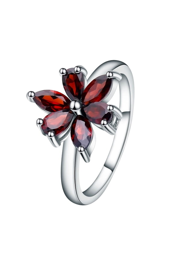 Natural Garnet Flower Ring, 925 Sterling Silver Ring