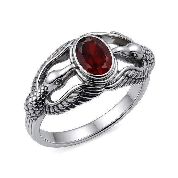 Natural Garnet Gemstone 925 Sterling Silver Fine Bird Engraving Handmade Ethnic Tribal Unique Designer Finger Ring for Women, Modern Fashion Jewelry, January Birthstone, Size V1/2