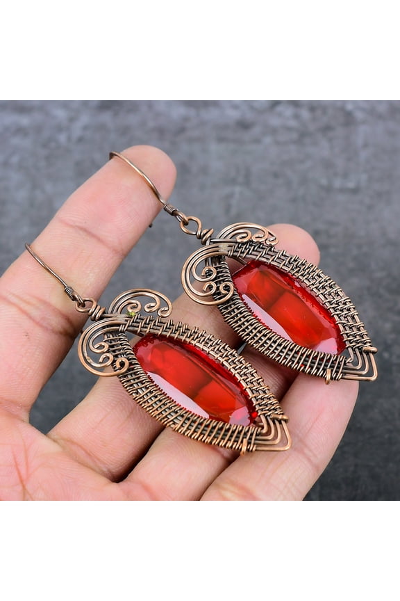Natural Garnet Gemstone Copper Wire Wrap Gift Jewelry Earring 3.35"