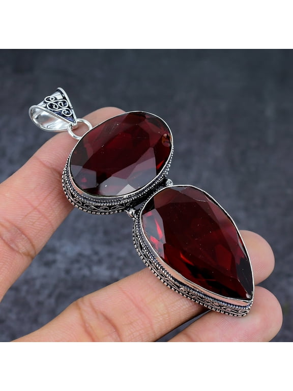 Natural Garnet Gemstone Handmade 925 Sterling Silver Jewelry Pendant 3.35"