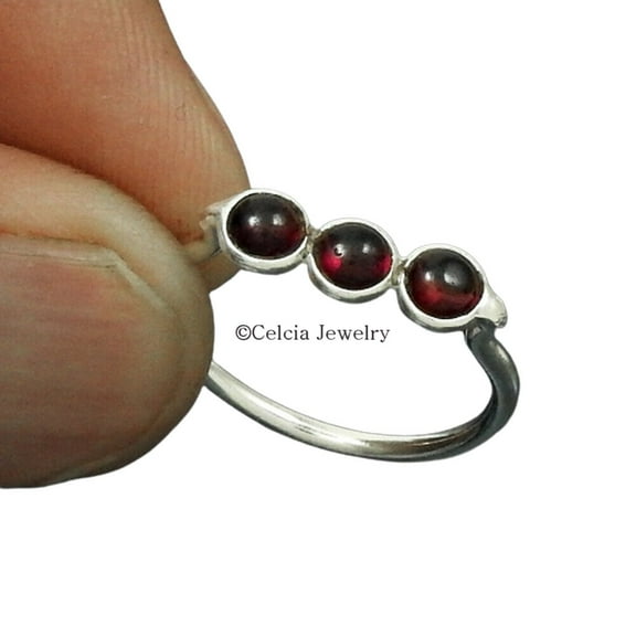 Natural Garnet Gemstone Ring, Real 925 Sterling Silver, Semi Precious 3 Stone Ring, Stackable Ring, January Birthstone, Valentines Day Gifts For Girlfriend, Engagement Gifts For Her (garnet, 7)