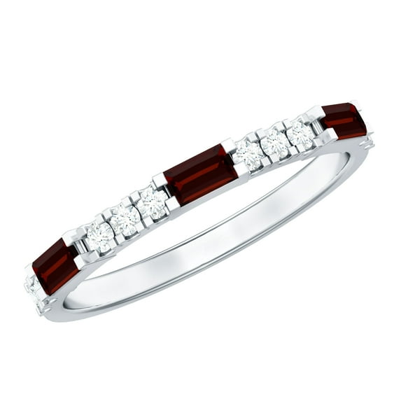 Rosec Jewels Real Garnet Half Eternity Ring with Diamond - AAA Quality - Baguette Garnet Ring - with Jewelry Box, 925 Sterling Silver, US 4.00